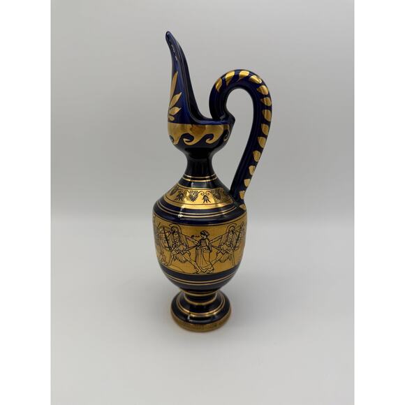 Grecian Cobalt Blue Classic Greece Scene 9" Greek Key Pitcher Vase 24K gold - Picture 1 of 7